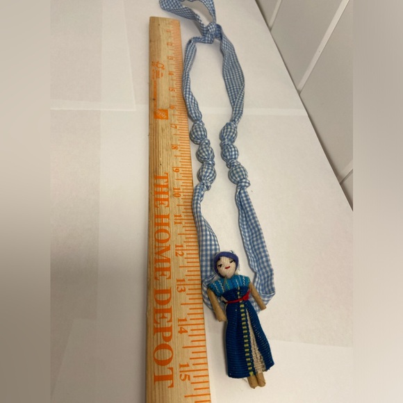 Vintage Folk Art Asian DOLL Fabric Handmade Cloth Necklace Blue Check Tie - Picture 7 of 15